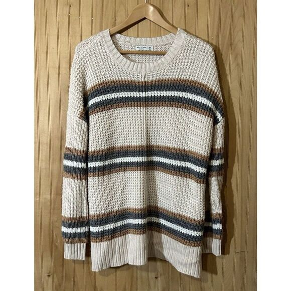Arizona Jean Women XXL Acrylic Chunky Knit Pullover Oatmeal Striped Sweater - Picture 1 of 4